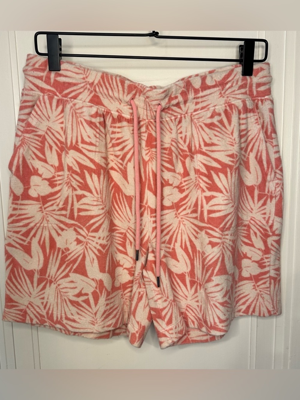 Lands' End pink Coral and Cream Tropical Print Drawstring Shorts terry cloth